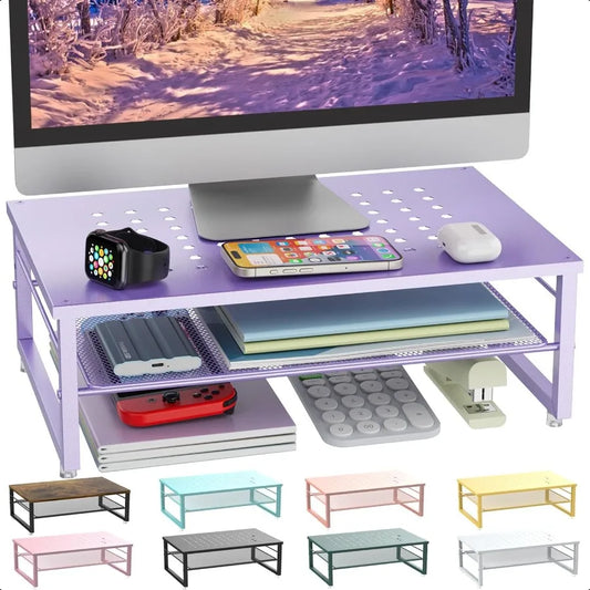 2-Tier Metal Monitor Stand Riser – Office Desk Storage Organizer for Computer, Laptop & Printer with Purple Finish