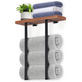 Wall-Mounted Metal Towel Rack with Wooden Shelf – Space-Saving Organizer for Small Bathrooms & RVs (Holds Rolled Hand Towels), Black