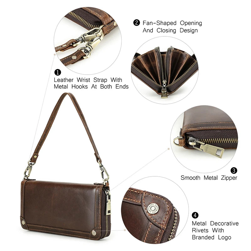 CONTACT’S Genuine Leather Long Wallet for Men – Large Capacity Business Clutch with Zipper, Coin & Cellphone Pockets, and Card Holder