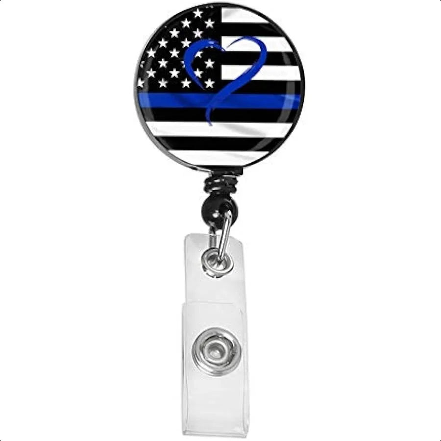 🇺🇸 Blue Line American Flag Badge Holder – Custom ID Card Reel Clip, Decorative Name Tag & Badge Clip for Work & Events