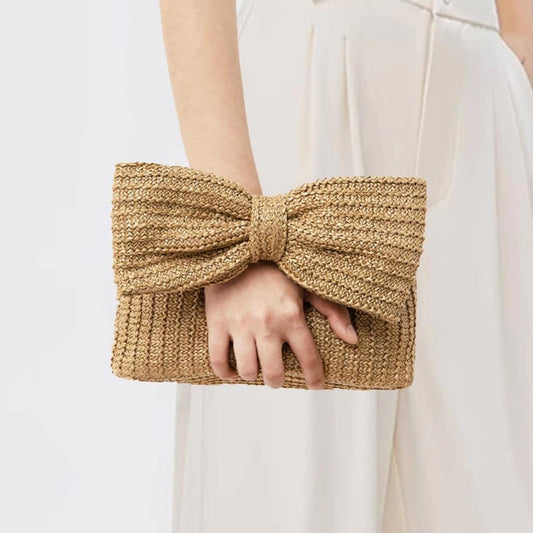 Women’s Crochet Straw Beach Handbag – Summer Bow Tote with Zipper Closure for Weddings, Parties & Vacations