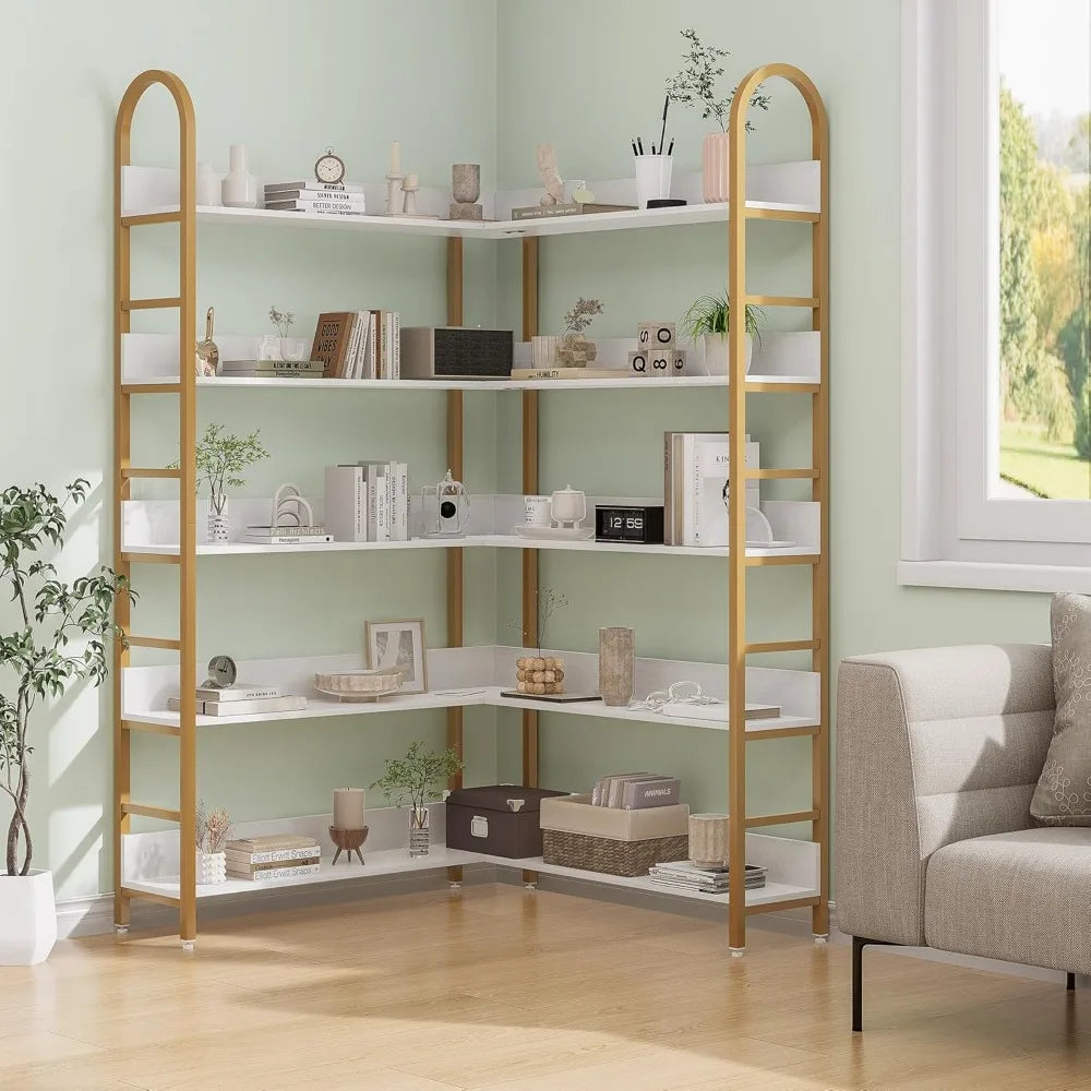5-Tier L-Shaped Corner Bookcase – White & Gold Modern Display Shelf with Adjustable Feet & Anti-Tip Design