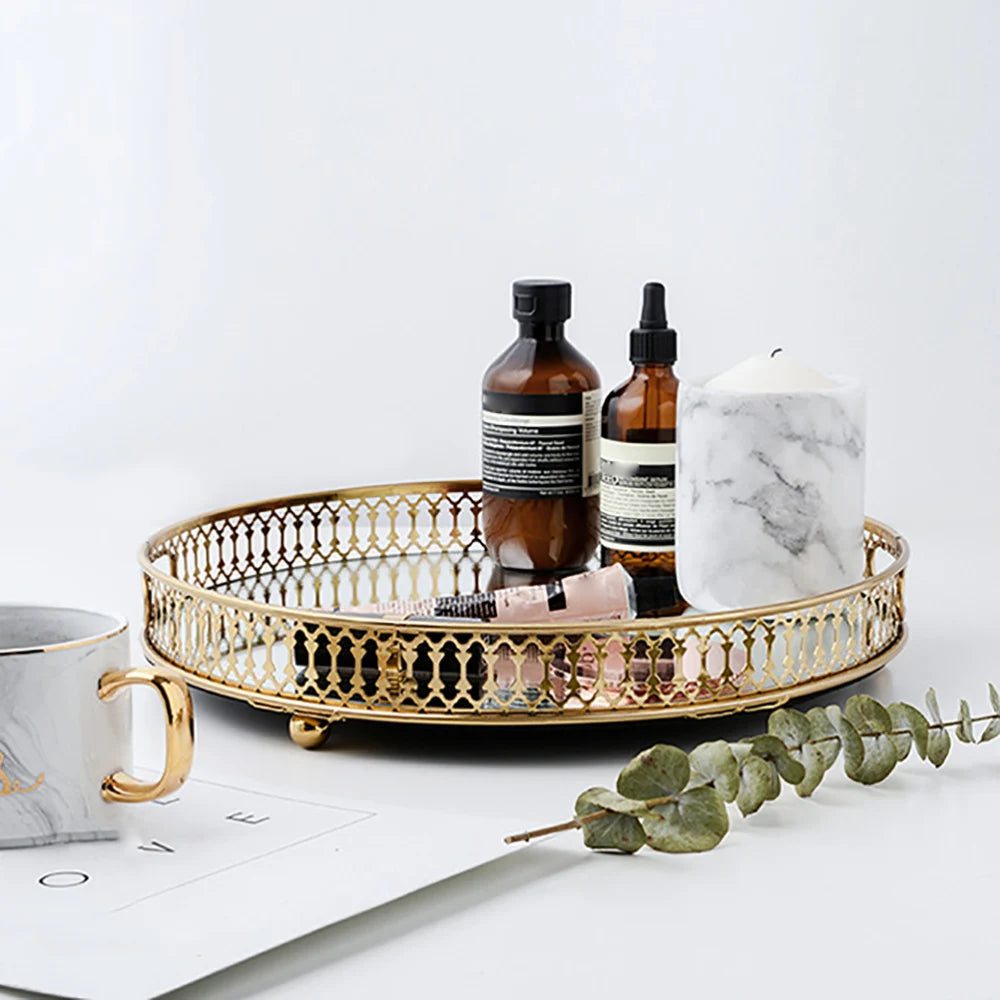 Decorative Metal & Glass Tray – Vintage Mirrored Storage Tray for Jewelry, Perfume & Home Décor