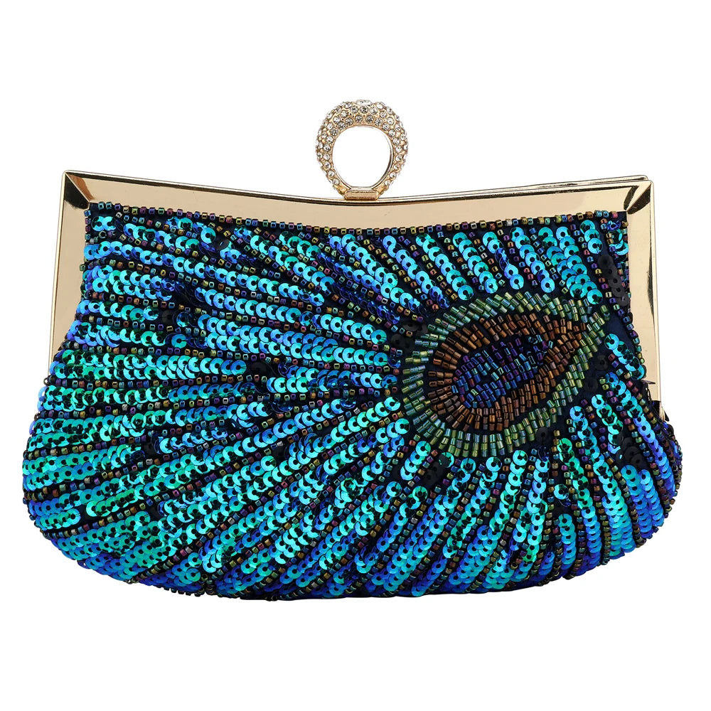 Luxury Peacock Beaded Sequin Evening Clutch – Elegant Diamond Shoulder Bag for Weddings, Parties & Special Events (2025 Edition)