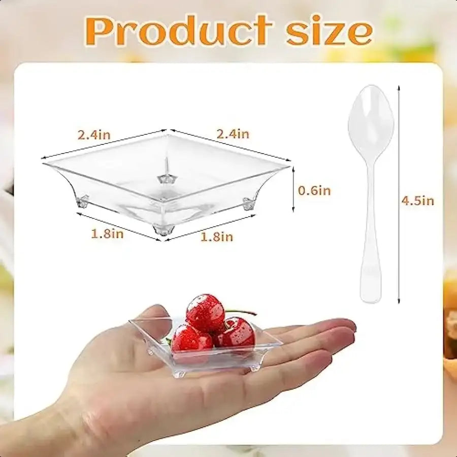 100 Set Mini Disposable Dessert Plates with Tasting Spoons – Clear Plastic Tray for Sauces, Dessert, Fruit & Appetizers