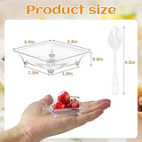 100 Set Mini Disposable Dessert Plates with Tasting Spoons – Clear Plastic Tray for Sauces, Dessert, Fruit & Appetizers