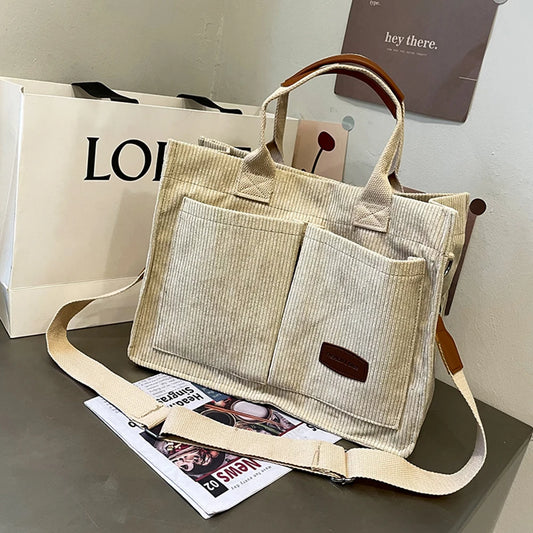 Women’s corduroy tote bag – large-capacity fashion handbag with multiple pockets, top-handle & crossbody design for everyday use