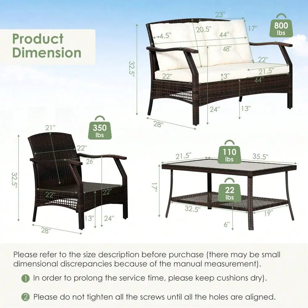 “4-Piece Rattan Patio Conversation Set – Wicker Sofa, Chairs, Coffee Table with Waterproof Cover for Outdoor Living”