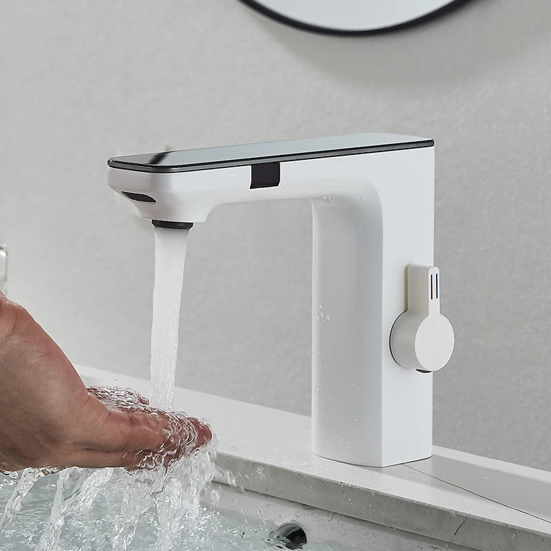Premium Smart Touchless Dual-Sensor Bathroom Faucet with Hot/Cold Mixer – White Deck-Mount Basin Tap