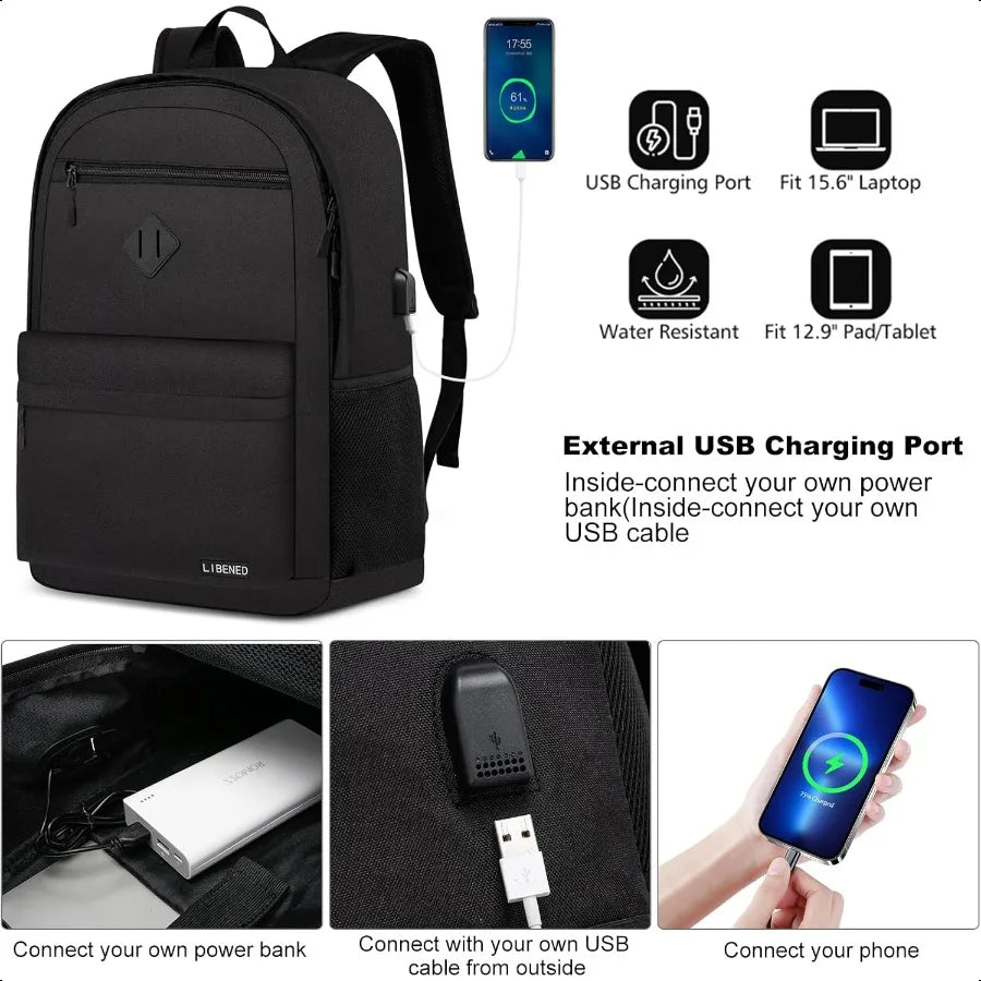 Classic Black 15.6" School Laptop Backpack – USB Charging Bookbag for Teen Boys & Girls | Unisex College & Daily Study Daypack