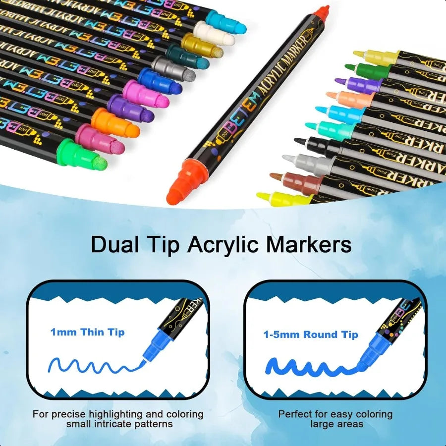 Acrylic Paint Pens – 24 Colors Dual Tip Markers for Wood, Rock, Glass & Canvas Painting 🎨