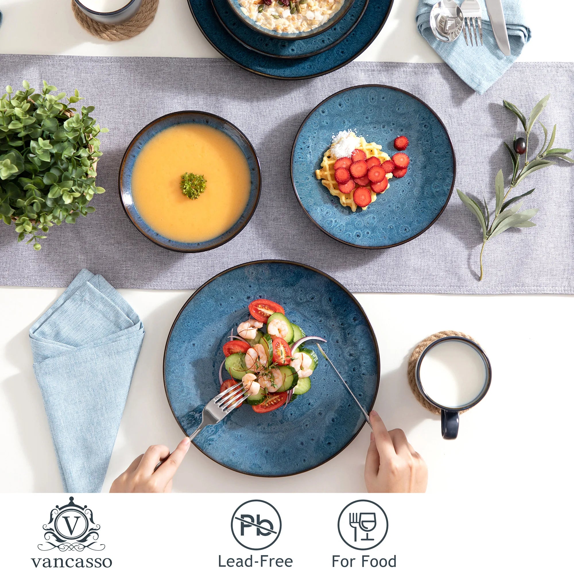 Vancasso Bubble 16/32/48-Piece Stoneware Tableware Set – Vintage Blue/Brown with Dinner Plates, Bowls & Coffee Cups