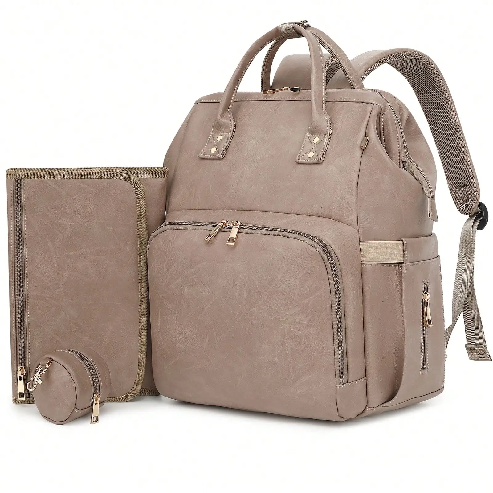 Leather Diaper Bag Backpack with Changing Pad & Pacifier Case – Large Multifunction Waterproof Mommy Travel Tote