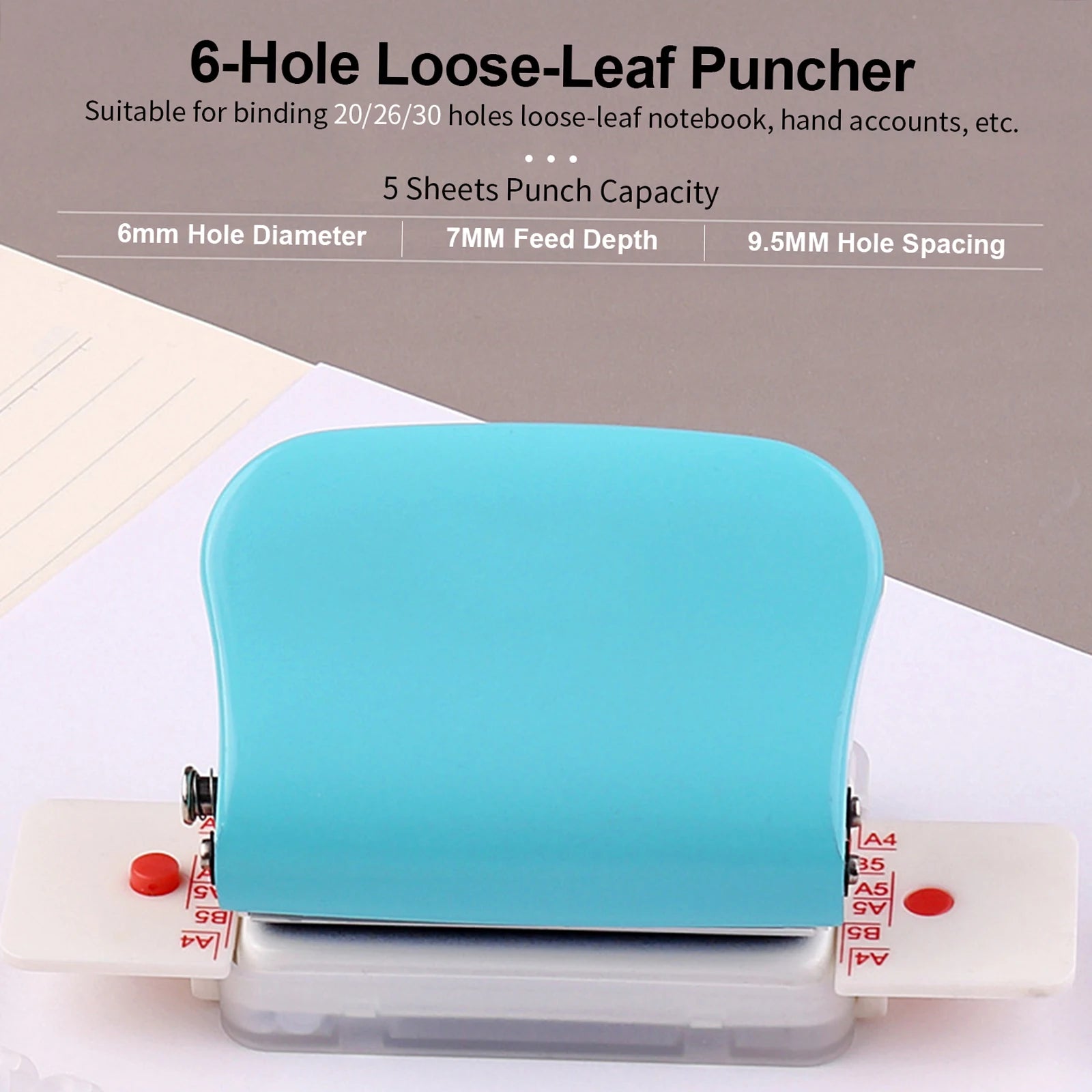 6-Hole Handheld Paper Punch – Metal Hole Puncher for A4, A5 & B5 Notebooks (5-Sheet Capacity)