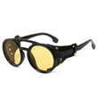 Steampunk Shield Sunglasses – Classic Round Retro Shades with Side Leather Panels & UV400 Protection (Unisex)