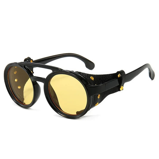 Steampunk Shield Sunglasses – Classic Round Retro Shades with Side Leather Panels & UV400 Protection (Unisex)