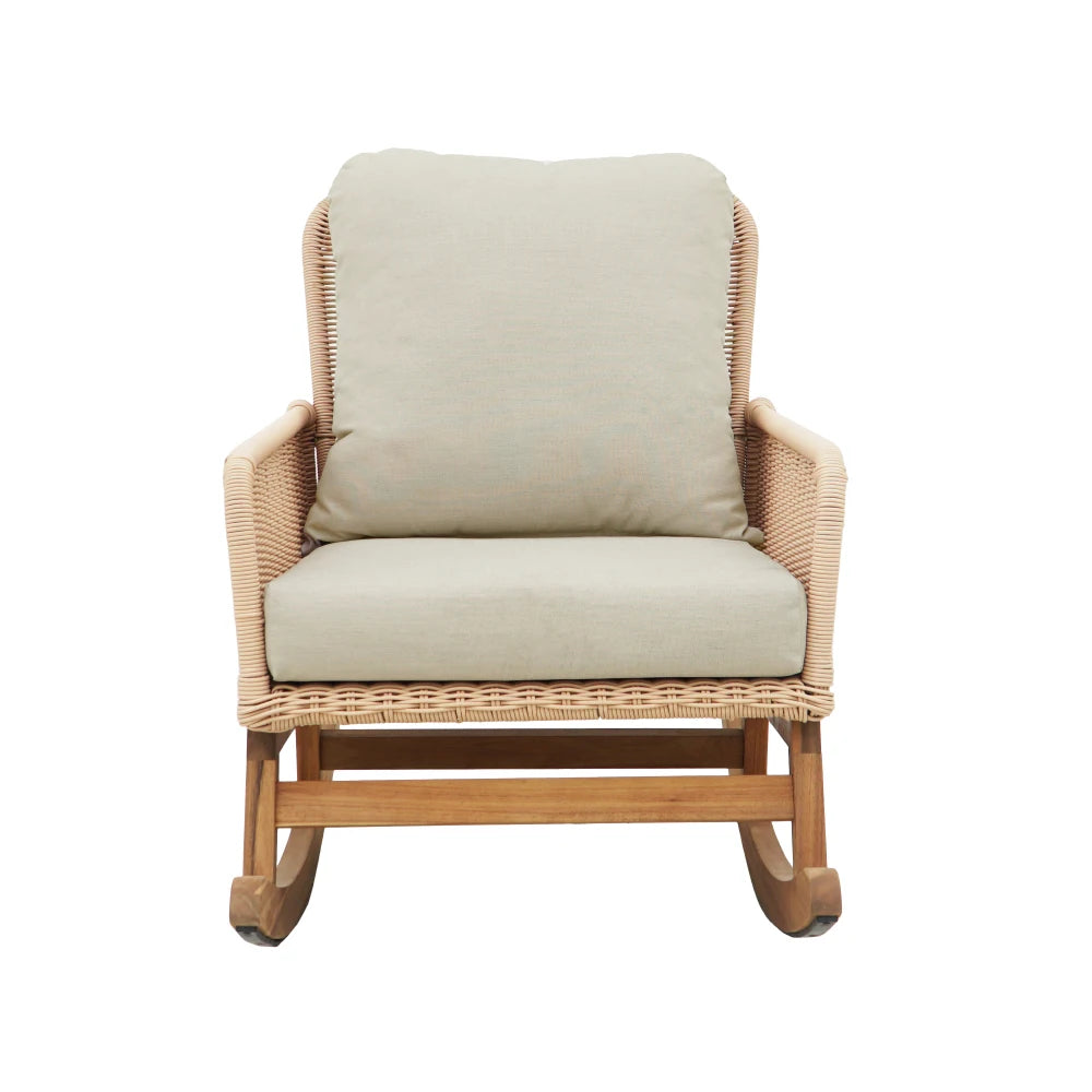 “3-Piece Modern Outdoor Seating Set – Beige Cushioned PE Rattan Rocking Chairs with Wooden Accent Table”