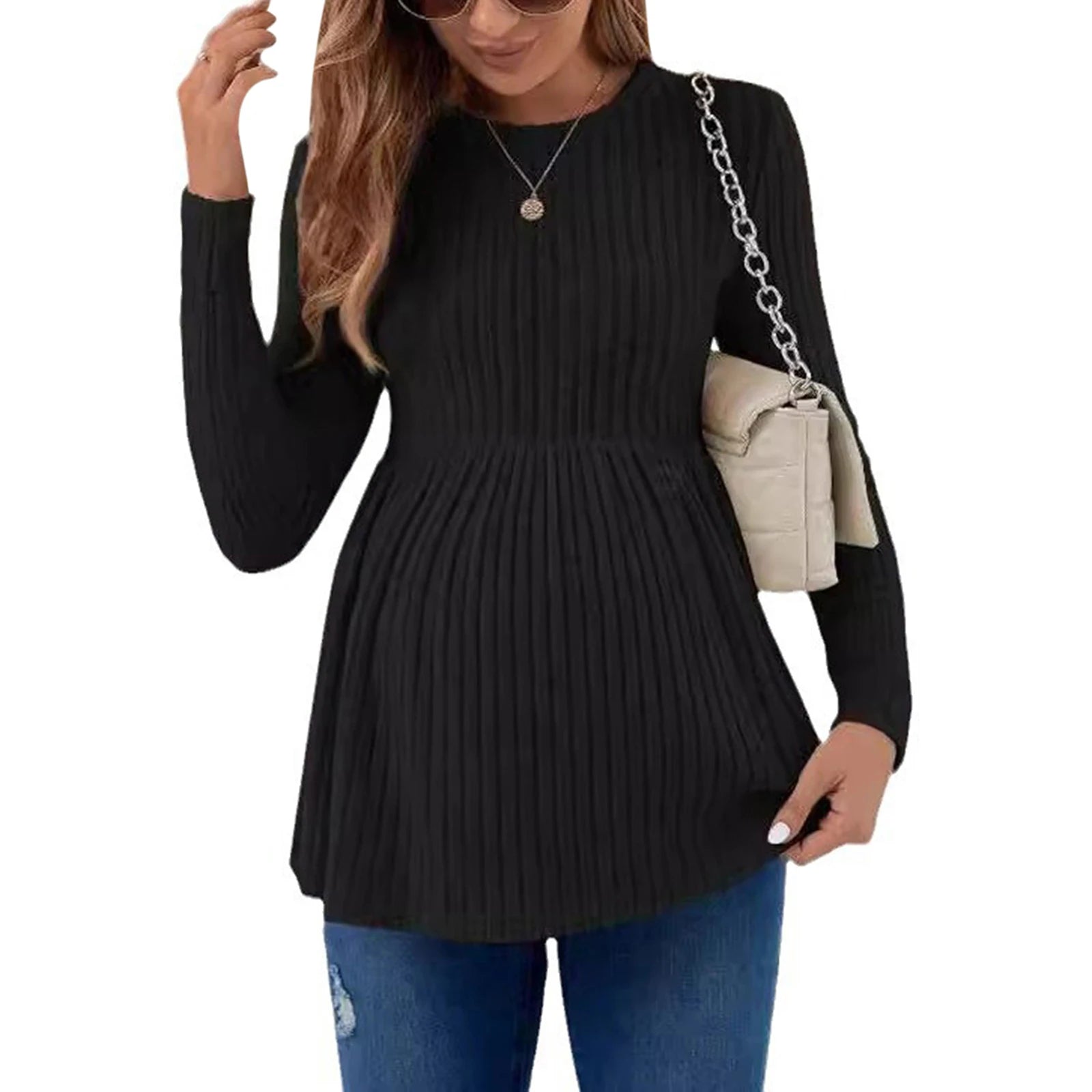 Women’s Maternity Sweater – Long Sleeve V-Neck Striped Knit Pullover, Winter Pregnancy Jumper Top for Stylish Moms