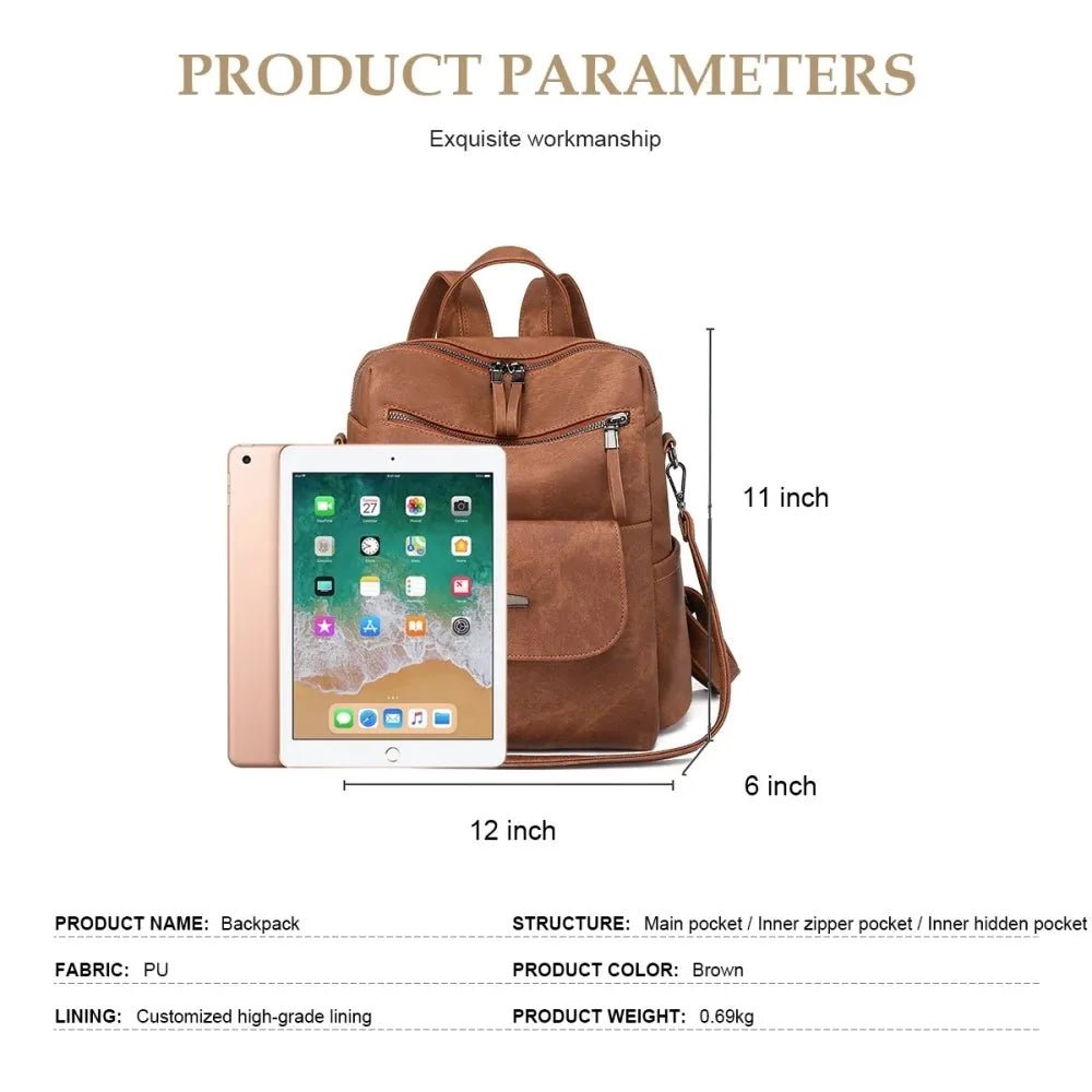 Waterproof PU Leather Backpack Purse for Women – Brown Casual Shoulder Handbag