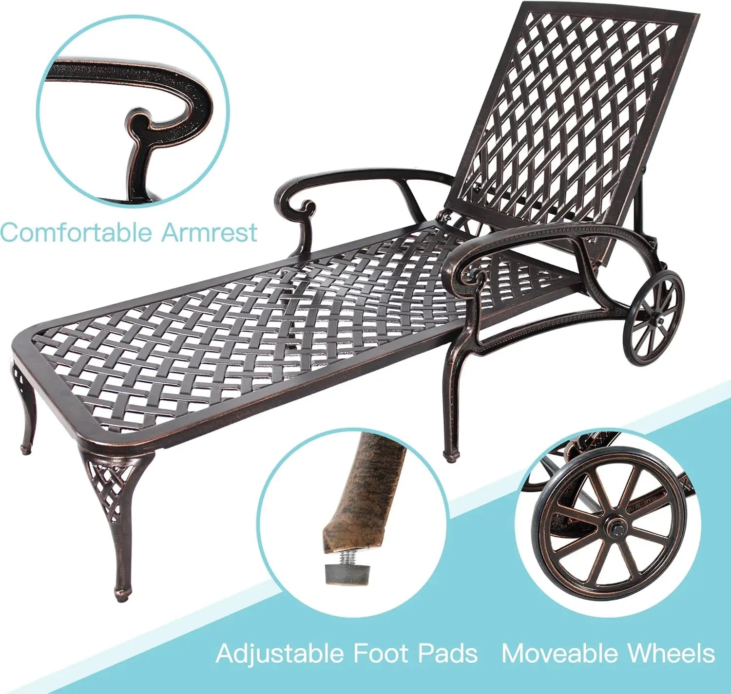 Outdoor Chaise Lounge Chair Set of 2 – Cast Aluminum Poolside Loungers with Adjustable Backrest & Moveable Design | All-Weather Tanning Chairs
