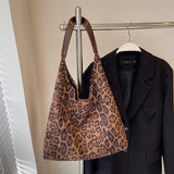 Women’s Suede Shoulder Bag with Magnetic Closure – Leopard Print Hobo Satchel