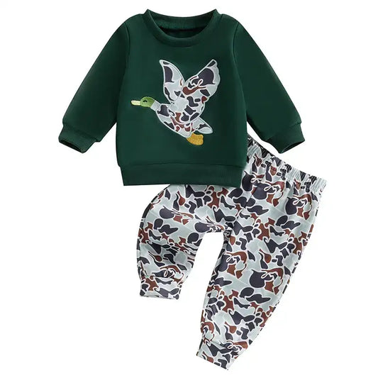 Spring Duck Embroidery Pullover & Camouflage Pants 2-Piece Outfit Set for Baby Boys