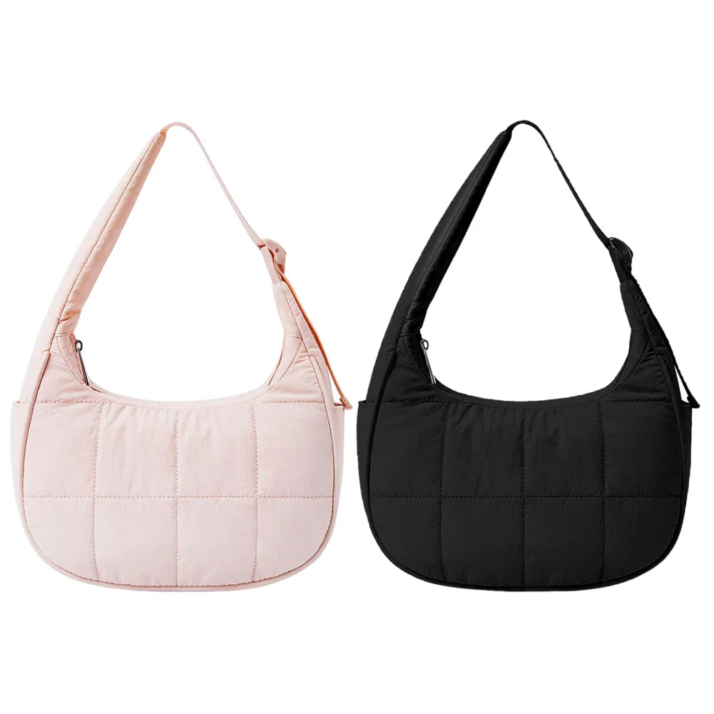 Women’s Quilted Nylon Puffer Crescent Shoulder Bag – Adjustable Strap Crossbody Style