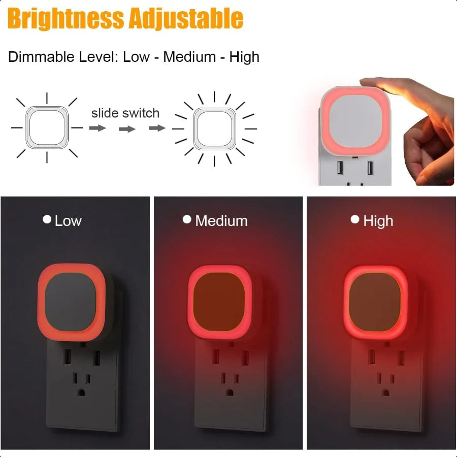 2-Pack Plug-in Dimmable Red Night Light – Auto Dusk-to-Dawn Sensor LED Lamps with Soft Glow for Baby Room, Bathroom & Bedroom