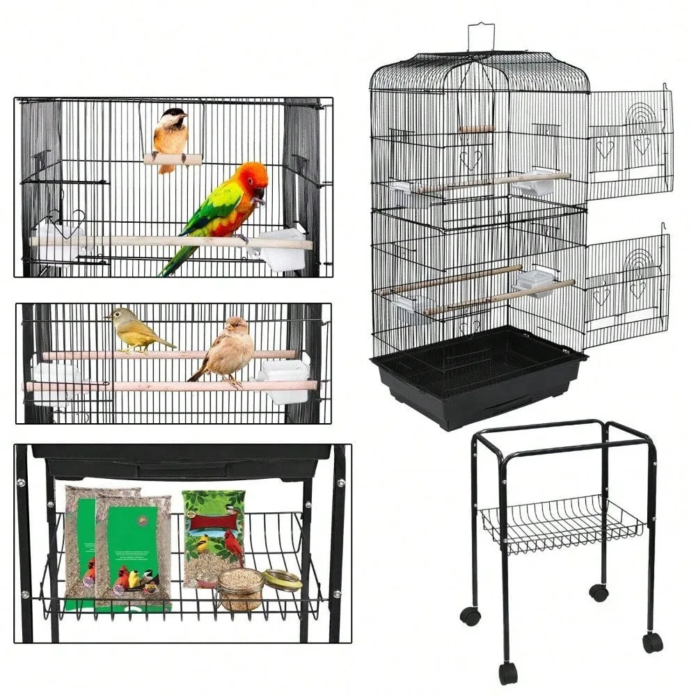 59" Rolling Bird Cage – Spacious Home with Stand & Pull-Out Tray for Cockatiels, Parakeets, Finches & Canaries