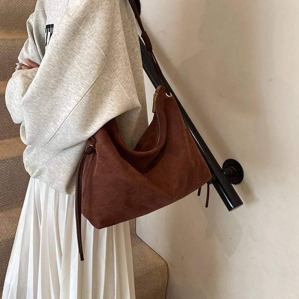 Women’s Suede Shoulder & Messenger Bag – Retro Soft Handbag with Adjustable Strap and Zipper for Work & Travel