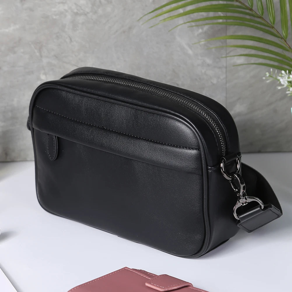 Men’s Leather Crossbody Satchel – Classic Plaid Small Square Shoulder Bag for Work, Travel & Daily Use