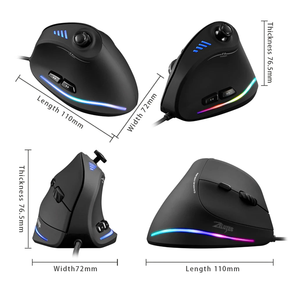 Zelotes C-18 Vertical Gaming Mouse – 10,000 DPI Adjustable RGB Optical Wired USB Ergonomic Mouse