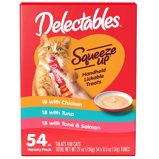 Squeeze Up Lickable Wet Cat Treats – Variety Pack of Creamy Flavors, 0.5oz Tubes, 54-Count Box