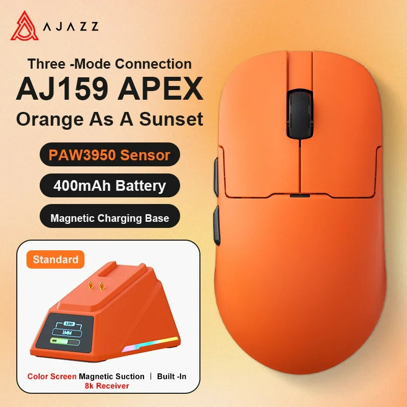 AJ159 Apex Wireless Gaming Mouse – 58g Lightweight, 42,000 DPI PAW3950/3395 Sensor, Tri-Mode Bluetooth/2.4G/Wired