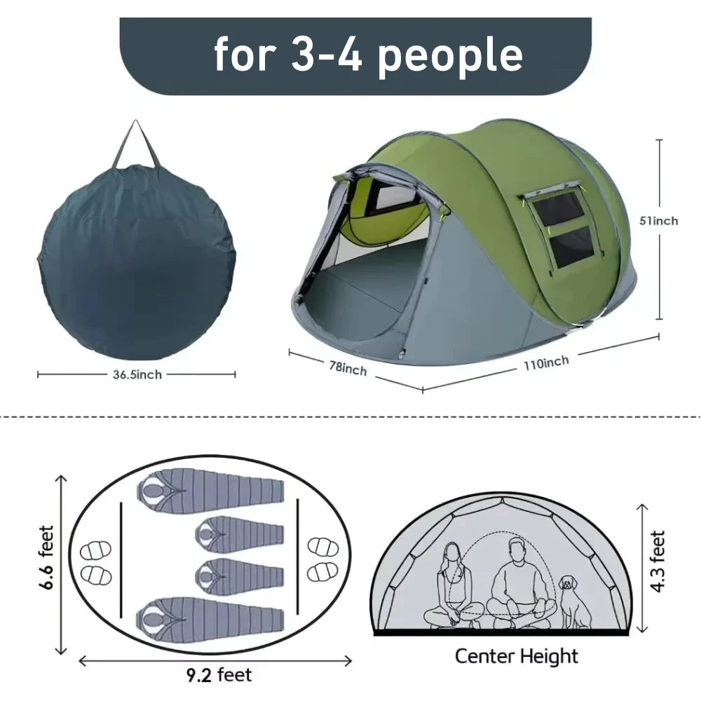 Automatic Pop-Up Camping Tent ⛺ – Waterproof 3-4 Person Outdoor Family Tent for Hiking & Travel
