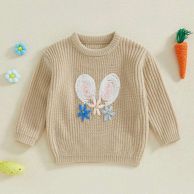 Toddler Kids Bunny Embroidered Long-Sleeve Knit Sweater – Easter Casual Jumper for Girls & Boys