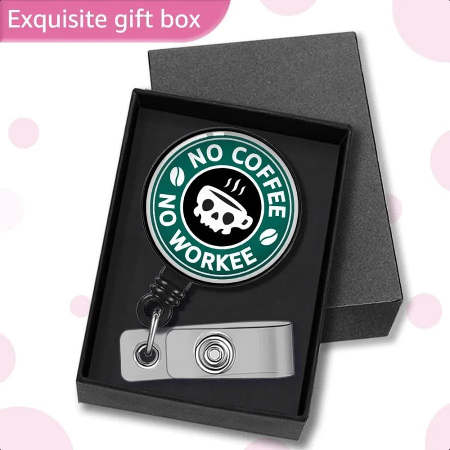 ☕ Funny “No Coffee No Workee” Badge Reel – Retractable Skeleton ID Card Holder with Alligator Clip for Nurses, Doctors & Staff
