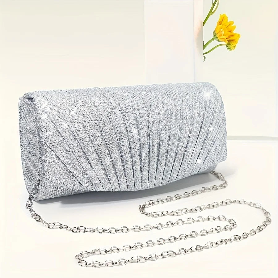 Women’s Fold Glitter Envelope Clutch – Shiny Silver Pleated Evening Bag with Chain Strap for Weddings & Parties