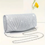 Women’s Fold Glitter Envelope Clutch – Shiny Silver Pleated Evening Bag with Chain Strap for Weddings & Parties