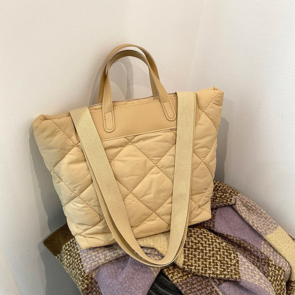 Women’s nylon puffer tote bag – quilted solid color large-capacity shoulder handbag, lightweight satchel purse for work & travel