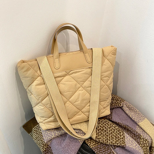 Women’s nylon puffer tote bag – quilted solid color large-capacity shoulder handbag, lightweight satchel purse for work & travel