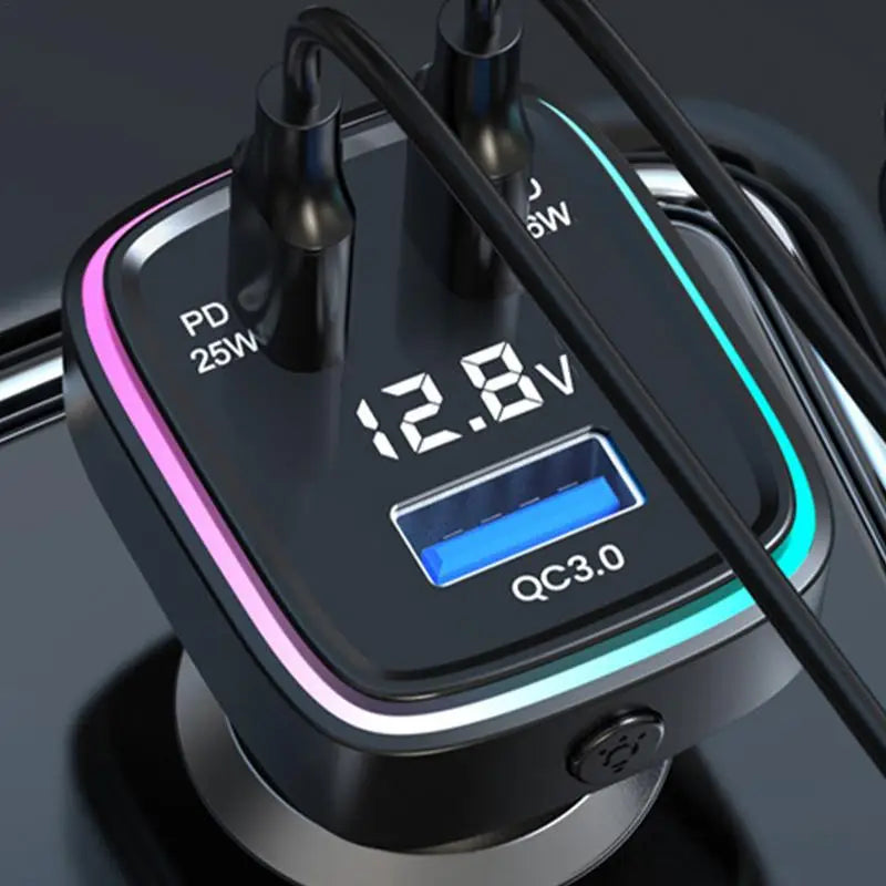 3-Port Car Phone Charger – Fast Charging USB-C & Dual USB Adapter with LED Voltage Display for Cars & SUVs
