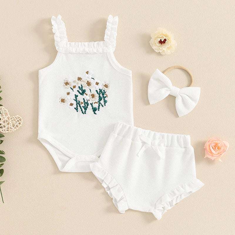 Waffle-Flower Embroidered Sleeveless Romper Set for Baby Girls – Shorts & Headband Included