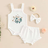 Waffle-Flower Embroidered Sleeveless Romper Set for Baby Girls – Shorts & Headband Included