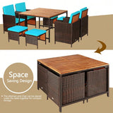 “9-Piece Rattan Wicker Patio Dining Set – Outdoor Dining Table & Chairs with Turquoise Cushions”