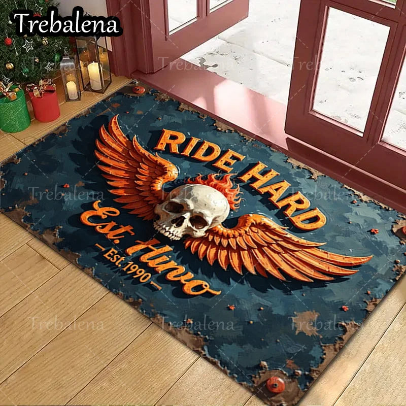 Ride Hard Skull Wings Welcome Doormat – Vintage Biker Home Entry Rug (Indoor/Outdoor Use)