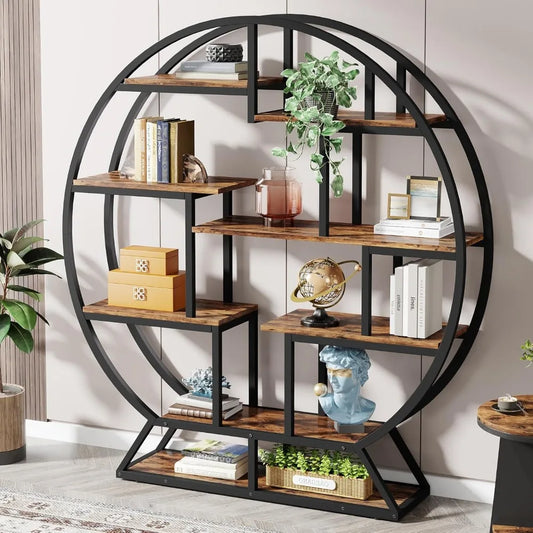 Round Industrial Etagere Bookcase – 63″ Tall with 14 Staggered Display Shelves & Metal Frame