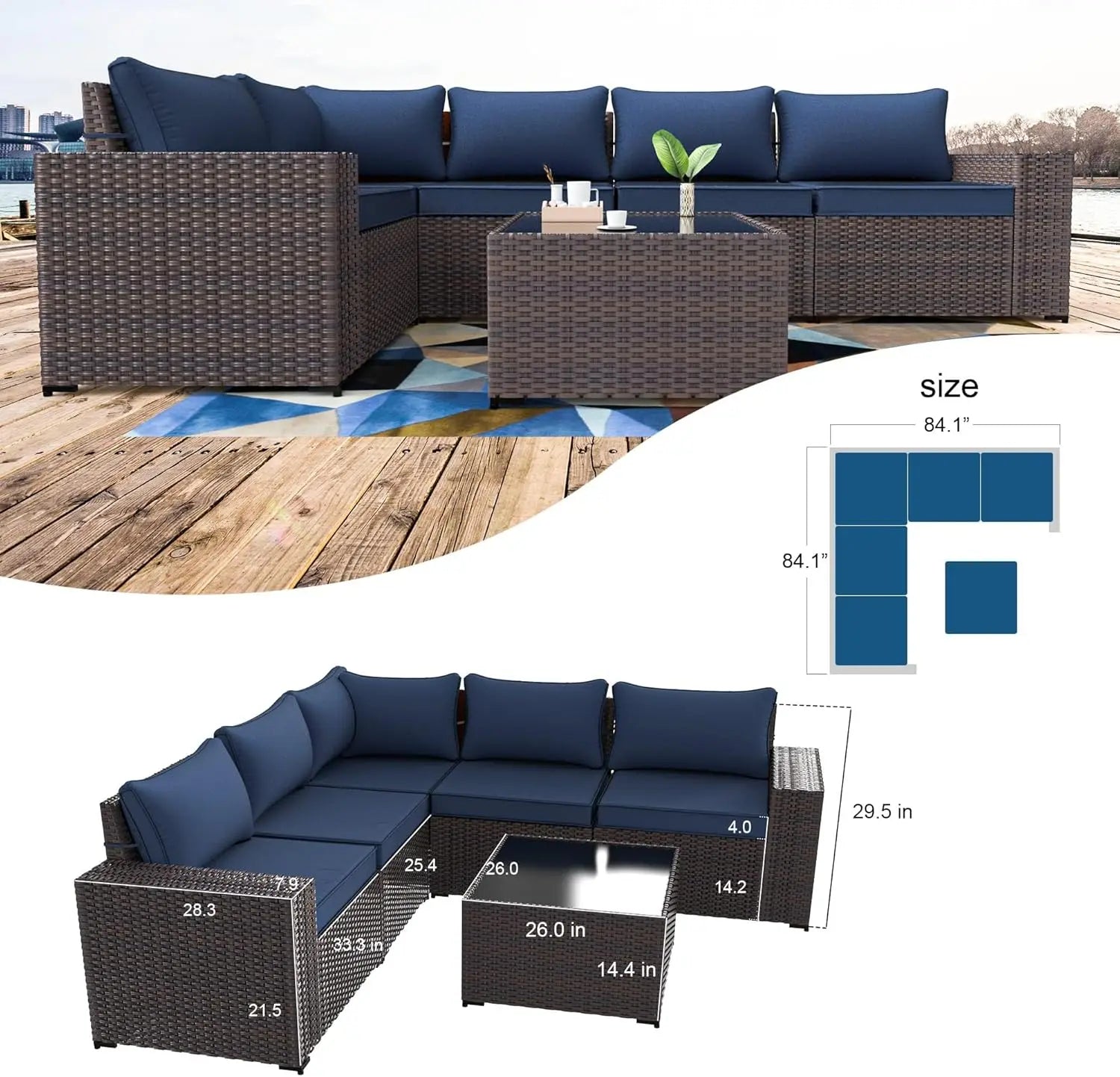 6-Piece Outdoor Patio Furniture Set – PE Wicker Rattan Sectional Sofa with Navy Blue Cushions | Modern Patio Conversation Set