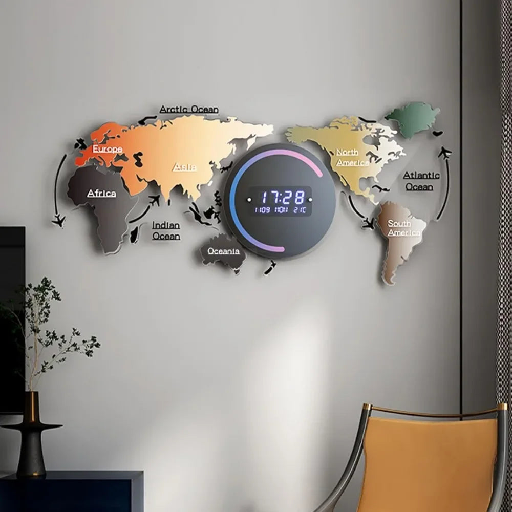 Modern LED Digital World Map Wall Clock – Large Acrylic Decorative Battery-Operated Clock for Living Room