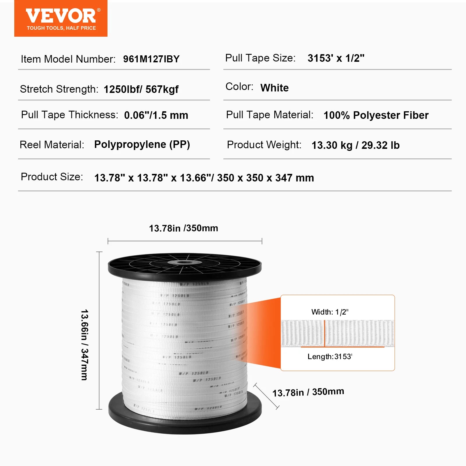 Vevor Polyester Mule Tape – Flat Pulling Webbing, 6000 lbf, 528 ft for Conduit, Packaging & Gardening